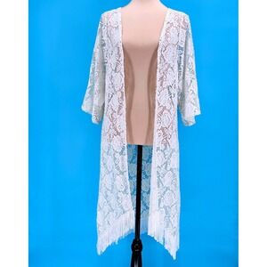 Dots Womens White Floral Lace Fringe Duster Kimono Cardigan Open Front Small